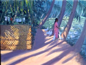 Ankanruokinta, Kerala, Intia (öljy kankaalle) tekijältä Andrew Macara