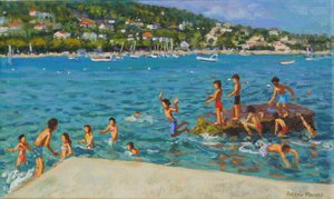 Hyppy pois kivistä; Cinque Terre, Positano, Italia, 2000 (öljy kankaalle) tekijältä Andrew Macara