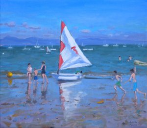 Punavalkoinen purjevene ,Abersoch (öljy kankaalle) tekijältä Andrew Macara