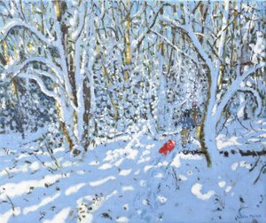 Punainen kelkka, Allestree Park, Derby, 2022 (öljy kankaalle) tekijältä Andrew Macara