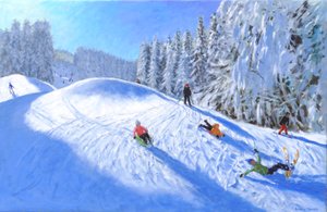 Hiihtäminen Morzine, Ranska, 2023 (öljy kankaalle) tekijältä Andrew Macara