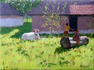 VALKOINEN LEHMÄ JA KAKSI LAPSIA,MANKOTTA SAARI,KERALA,INTIA tekijältä Andrew Macara