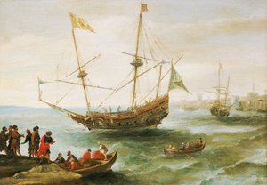 Algerialainen ankkuroitu satamaan Barbaarissa (eurooppalaiset antoivat nimityksen Pohjois-Afrikan rannikolle 1500-luvulta 1800-luvulle). Andries van Eertveltin (1590-1652) öljymaalaus. tekijältä Andries van Eertvelt