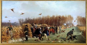 Metsästys ammunta pheasanderie Ange-Louis Janet Langen (1815-1872) maalaus 1800-luvun su. 1,1x1,9 m. Compiegne, linnamuseo