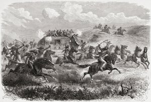 Intiaanit hyökkäävät mannertenvälisen postivaunun kimppuun vuonna 1867, kuvitus Charles Laplanten (k.1903) kaiverruksesta "The World in the Hands", julkaistu 1878.