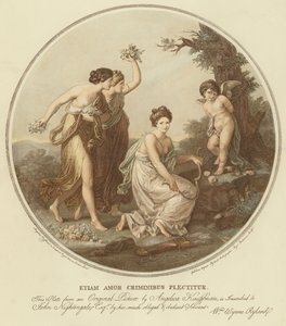 Kaksi nymfiä pilkkaa amoria, joka on sidottu puuhun (väri litho) tekijältä Angelica (after) Kauffmann