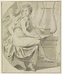 Amor inspiroi nuorta naista, joka näppäilee lyyraa toisella kädellä ja kirjoittaa toisella tekijältä Angelica Kauffmann
