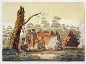 Loron asukkaat, Uusi-Hollanti, laatta 60 Jules Ferrarion teoksesta "Le Costume Ancien et Moderne", julkaistu noin 1820-30-luvuilla.