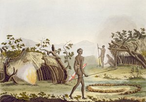 Alkuperäisasukkaiden mökki, New Holland, levy 64 Jules Ferrarion teoksesta "Le Costume Ancien et Moderne", julkaistu noin 1820-30-luvuilla.