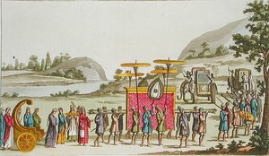 Burman kuningattaren kulkue, levy 80 Jules Ferrarion teoksesta "Le Costume Ancien et Moderne", julkaistu noin 1820-30-luvulla (värilitho)