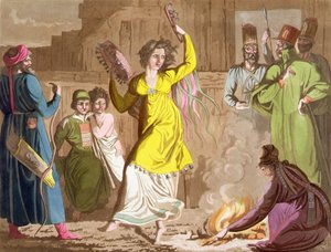 Teleut-kansan shamaanitar, Kemerovon alue, Siperia, levy 27 Jules Ferrarion julkaisemasta teoksesta "Le Costume Ancien et Moderne", julkaistu noin 1820-30-luvuilla (värilitro).