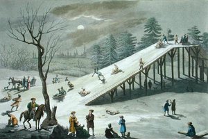 Lumiliukumäki venäläisessä julkisessa puistossa, 1800-luvun alku (värillinen kaiverrus)