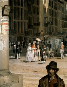 Marche de Figini a Milan (Piazza del Duomo, jossa on Coperto dei Figinin kulma) Yksityiskohta - Angelo Ingannin (1807-1880) maalaus