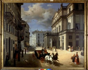 Angelo Inganni edustaa Plaza de la Scalaa Milanossa. 1800-luvulla. Breran taidegalleria, Milano.