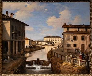 Näkymä Naviglio-kanavalle Pyhän Markuksen sillalta tekijältä Angelo Inganni