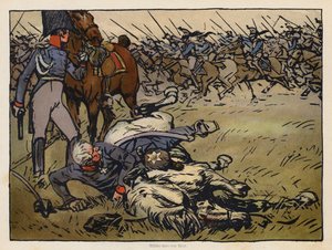 Kenttämarsalkka Blucher kuolleen hevosensa alle jääneenä Lignyn taistelussa (kromoliittikuva)