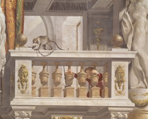 Suurherttuan vastaanottohuone, kattoyksityiskohta, joka kuvaa apinaa ja nuorta poikaa kaiteen päällä, 1638-44 tekijältä Angelo and Mitelli Colonna