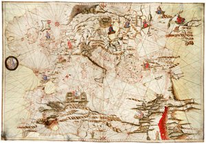 Välimeri, Mustameri ja Koillis-Atlantti, noin 1550 (pergamentti).