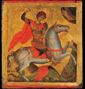 Akotandos, Angelos (aktiivinen n. 1425-1460) Pyhä Yrjö ja lohikäärme Tempera paneelissa n. 1440-1460 Benaki-museo, Ateena 40,8x37,5 tekijältä Angelos Akotantos