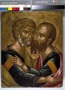 Apostolien Pietarin ja Paavalin syleilykuvake (öljy kankaalle paneelissa) tekijältä Angelos Akotantos