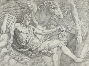Apollo pitelee piippuja oikeassa kädessään Pegasuksen seurassa, 1556-60. tekijältä Angiolo Falconetto