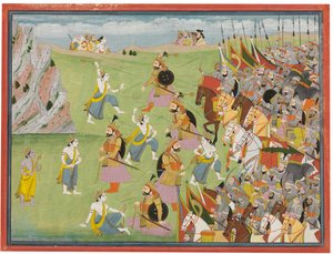 Maalaus Mahabharatasta: Balabhadra Fighting Jarasandha, Kangra ja Garhwal, n. 1810-20