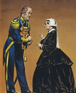 Amiraali Lord Hay ja ensimmäinen Englantiin tuotu pekaanikoira (värilitografia). tekijältä Angus McBride