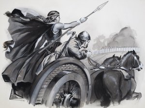 Boadicea lietsoo brittiläisten raivoa roomalaisia herrojaan vastaan (guassi paperille). tekijältä Angus McBride