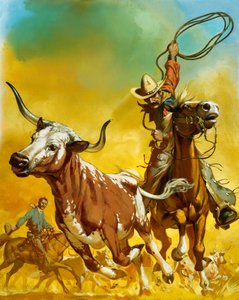 Cowboy lassoaa karjaa (guassi paperille) tekijältä Angus McBride