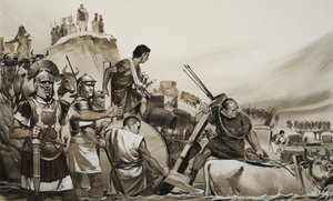Julius Caesar (100-44 eKr.) johti sotilaansa pienen Rubicon-joen yli ja marssi Roomaan (gouache paperille). tekijältä Angus McBride