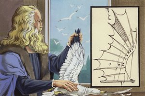 Leonardo Da Vinci tutkii lintuja saadakseen selville, miten ihminen voisi lentää (guassi paperille). tekijältä Angus McBride