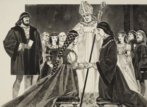 Lucrezia Borgian (1480-1519) ja herttua Alfonson avioliitto (guassi paperille). tekijältä Angus McBride