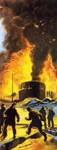 Öljysäiliöt palavat Sewardissa Anchoragen vuoden 1964 maanjäristyksen jälkeen. tekijältä Angus McBride
