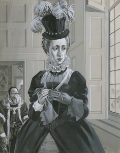 Kuningatar Elisabet I kuulee uutisen Maria skotlantilaisen kuningattaren teloituksesta (guassi paperille). tekijältä Angus McBride