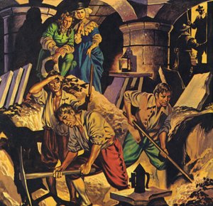 Samuel Pepys etsimässä Lontoon Toweriin kätkettyä rahavarastoa (värilitografia). tekijältä Angus McBride