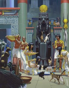 Palvelijat ruokkii kissoja muinaisessa egyptiläisessä temppelissä (guassi paperille) tekijältä Angus McBride