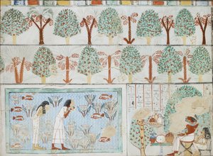 Kopio seinämaalauksesta Sebkhotpen yksityisestä haudasta 63, Thebes I, 1, 125-128, 1900-luku