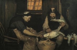 Vanha pariskunta nyppii lokkeja. Lars Gaihede ja vanha Lene tekijältä Anna Ancher