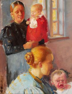 Kaksi nuorta äitiä pienten lastensa kanssa. Tutkimus "Rokottaminen". tekijältä Anna Ancher