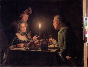 Kynttiläillallinen (Illallinen kynttilänvalossa). Anna Dorothea Therbusch Lisiewskan (1721-1782) maalaus. Öljy kankaalle, 95,5 x 117 cm tekijältä Anna Dorothea Lisiewska