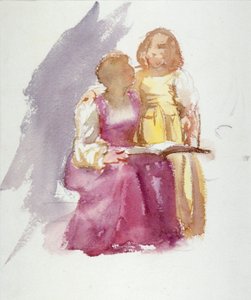 "Istuva nainen ja nuori tyttö", c1864-1930 tekijältä Anna Lea Merritt