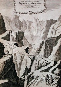 Johann Jacob Scheuchzerin 1706 julkaistun Itinera Alpinan osan I etukappale (kaiverrus) tekijältä Anna Wasera (after) Tigurina