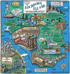 Lockdown Islandin kartta, 2020 (akryyli paperille) tekijältä Annalisa Morrocco