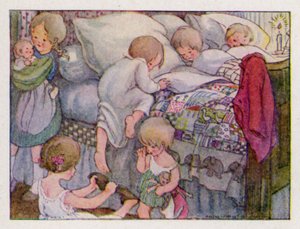 Lastenlaulu: Wee Willie Winkie juoksee kaupungin läpi (värilitho)