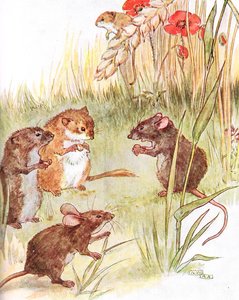 Asun ystävien kanssa maassa, kuvitus Thomas Nelson und Sonsin julkaisemasta The Mischievous Mouse Book -kirjasta, 1920-luku
