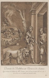 Paimen pitelee leijonaa hihnassa etualalla, keskialueella sh..., n. 1729-64 tekijältä Anne Claude Philippe de