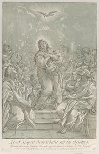 Helluntai, jossa Neitsyt seisoo keskellä, Pyhä Henki yläpuolella ja apostolit..., n. 1729. tekijältä Anne Claude Philippe de Caylus
