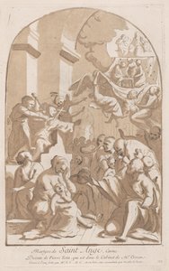 Vasemmassa yläkulmassa olevaa Pyhän Angelon marttyyrikuolemaa katselee kauhu..., 1729-64. tekijältä Anne Claude Philippe de Caylus