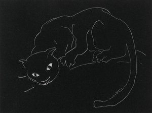 Yösarja: Kissa (litho, valkoinen viiva kudottupaperilla)