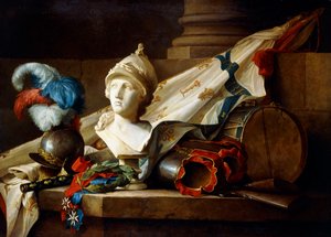 Minervan rintakuva panssarineen ja aseineen kivireunassa, 1777